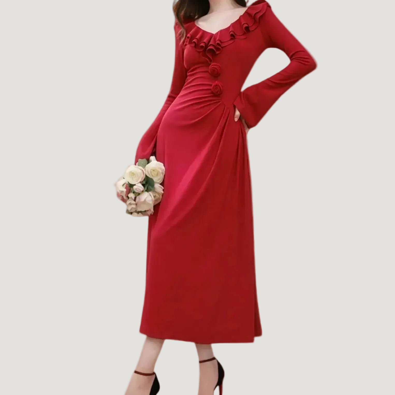 Red ruffled long sleeved midi dress