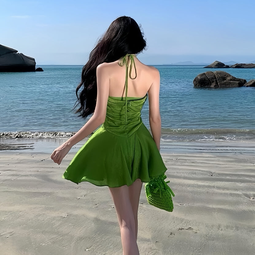 Green Draped High-Neck Slip Dress