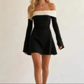 Off Shoulder Long Sleeve Two Tone Mini A Line Dress