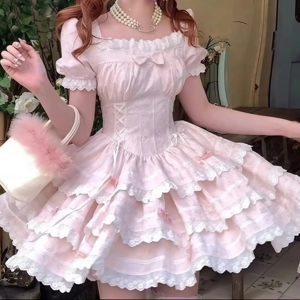 Pink Puff Sleeve A Line Dress
