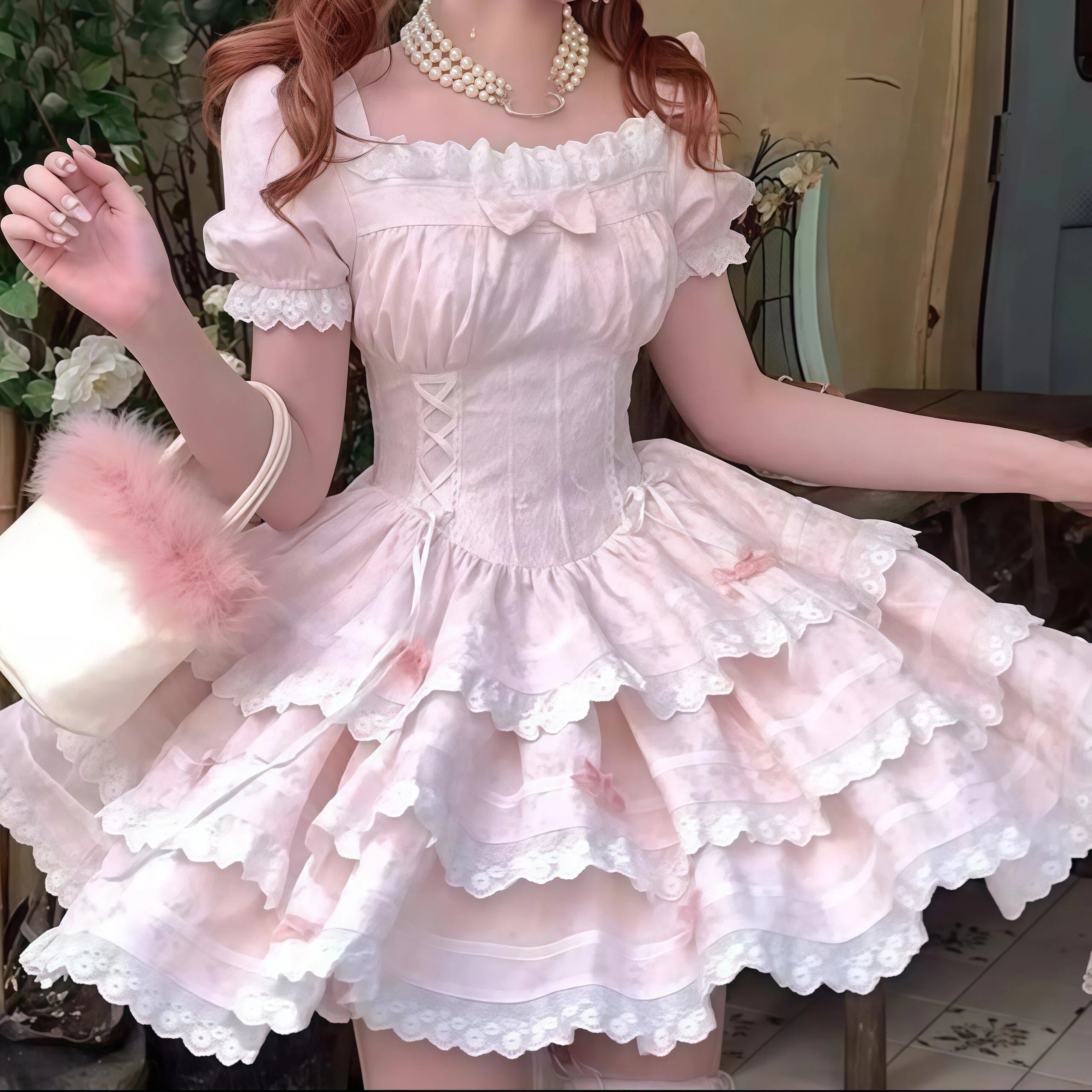 Pink Puff Sleeve A Line Dress
