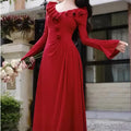Red Ruffled V Neck Long Sleeve Maxi Dress