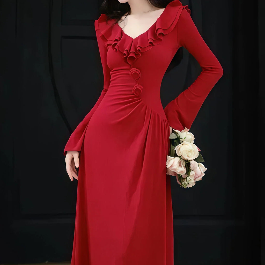 Red Ruffled V Neck Long Sleeve Maxi Dress