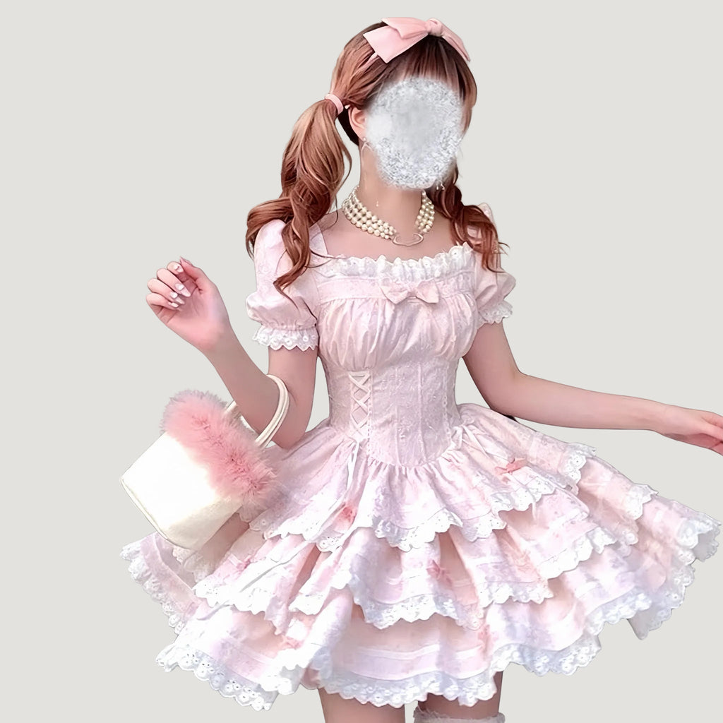 Pink Lace Puff Sleeve Lolita Dress – Romantic Vintage