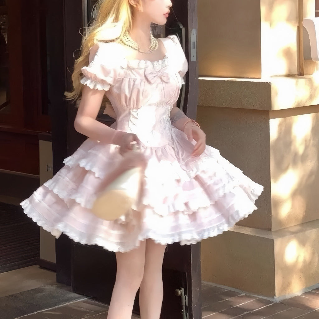 Pink Lace Puff Sleeve Lolita Dress – Romantic Vintage