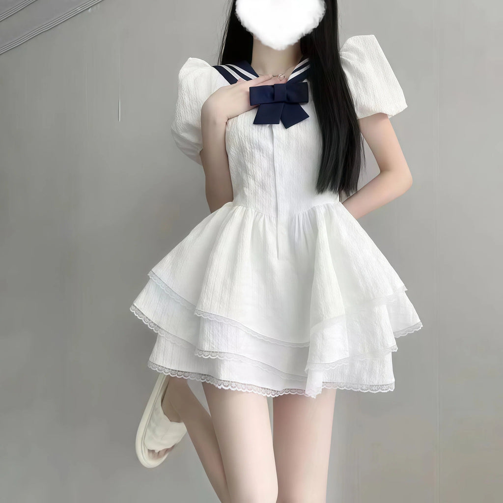 Puff Sleeve Lace A-Line Mini Dress – Bubble Texture