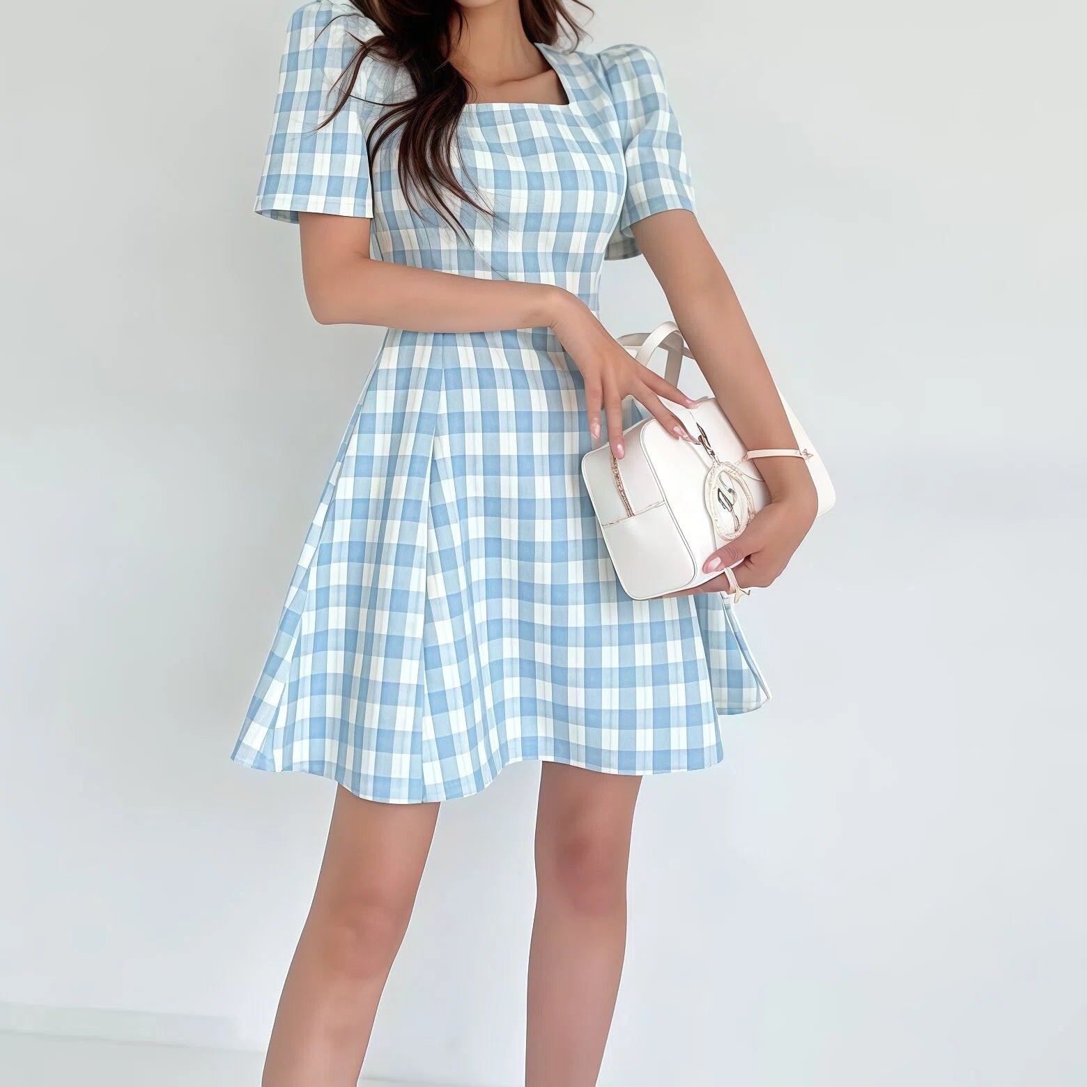 Short Sleeve Square Neck Plaid Mini A Line Dress