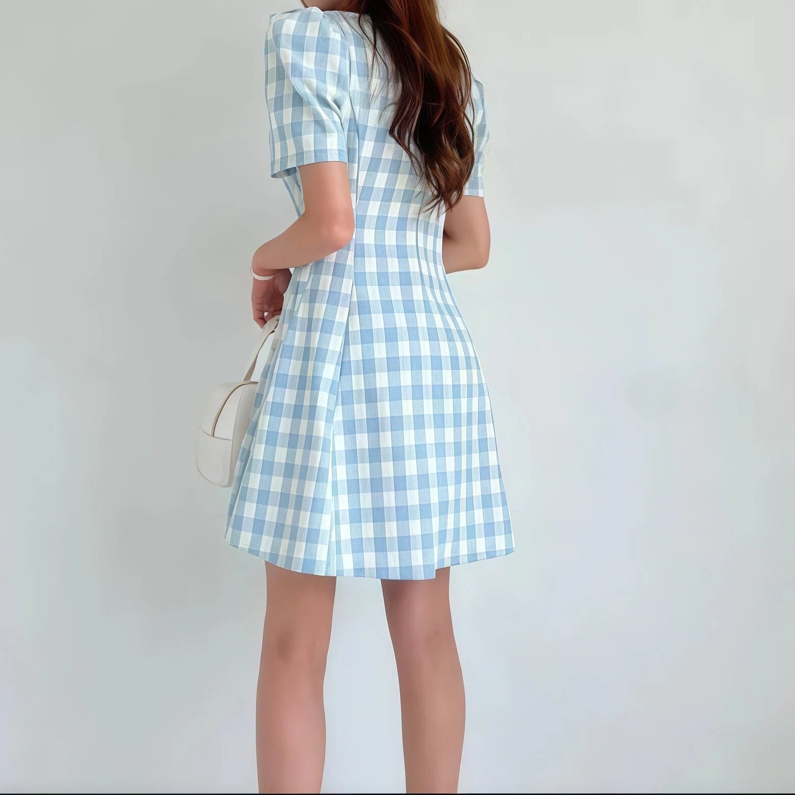 Short Sleeve Square Neck Plaid Mini A Line Dress