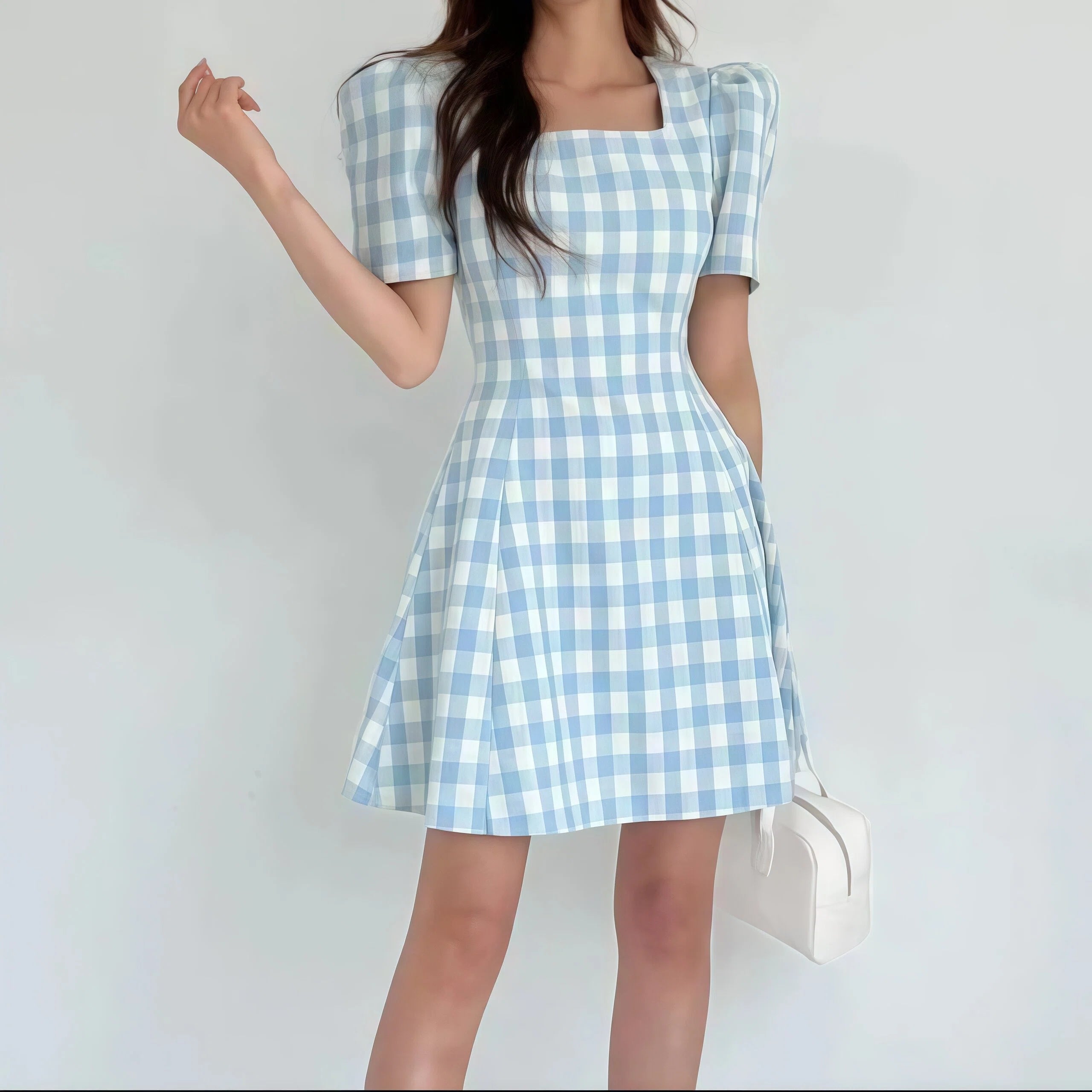 Short Sleeve Square Neck Plaid Mini A Line Dress