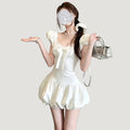 White Lace Puff Sleeve Slim Fit Mini Skirt