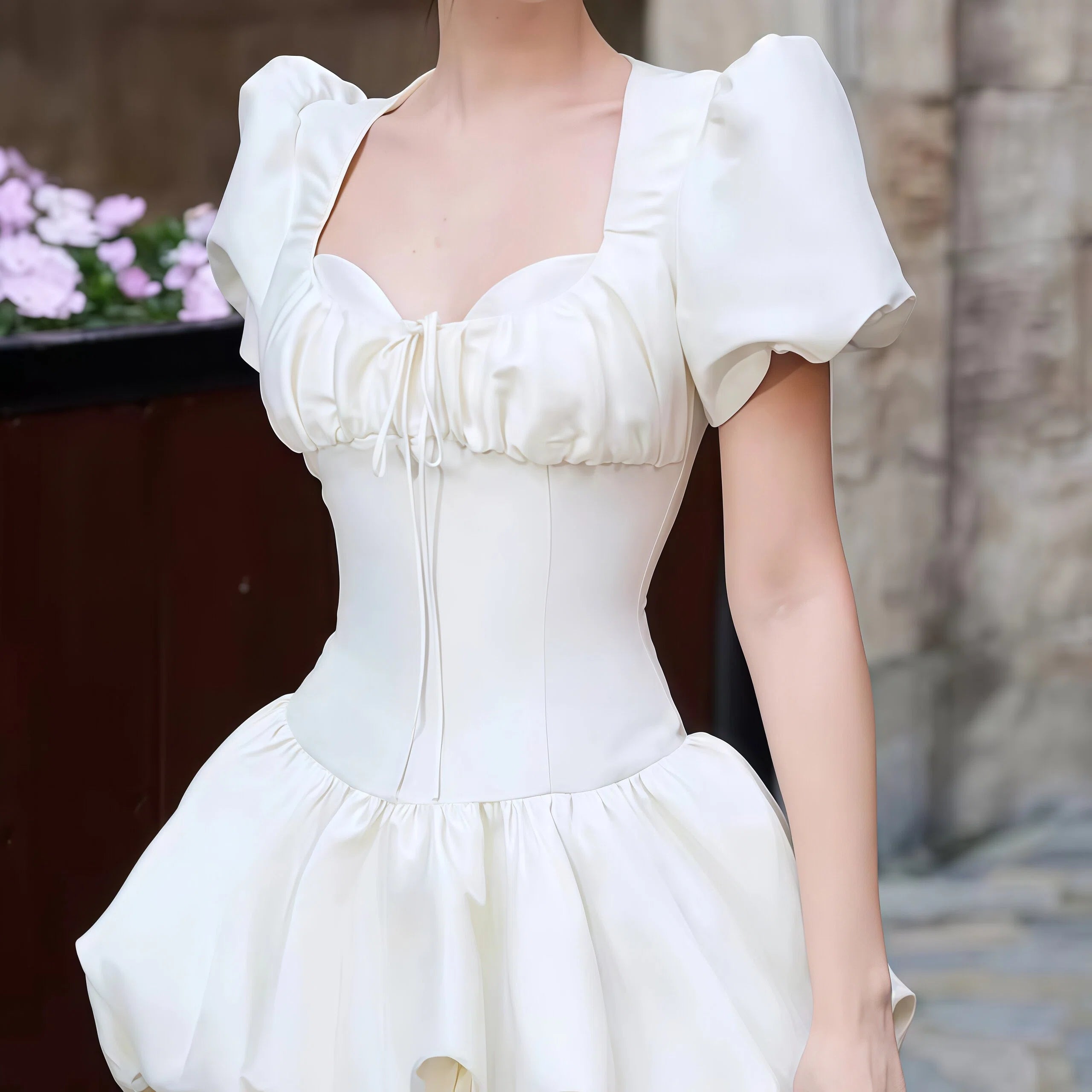 White puff sleeve square-neck mini dress