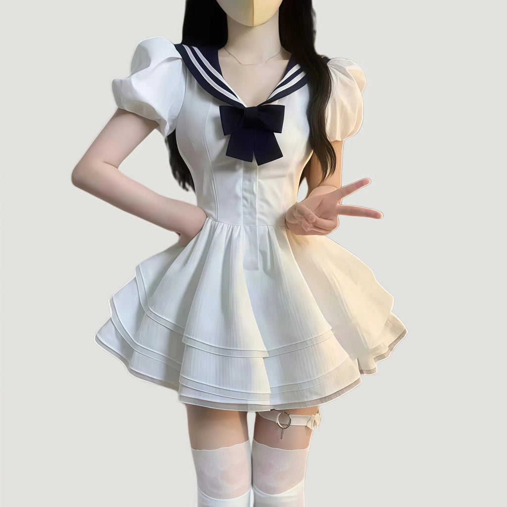 White Puff Sleeve Textured A Line Mini Dress