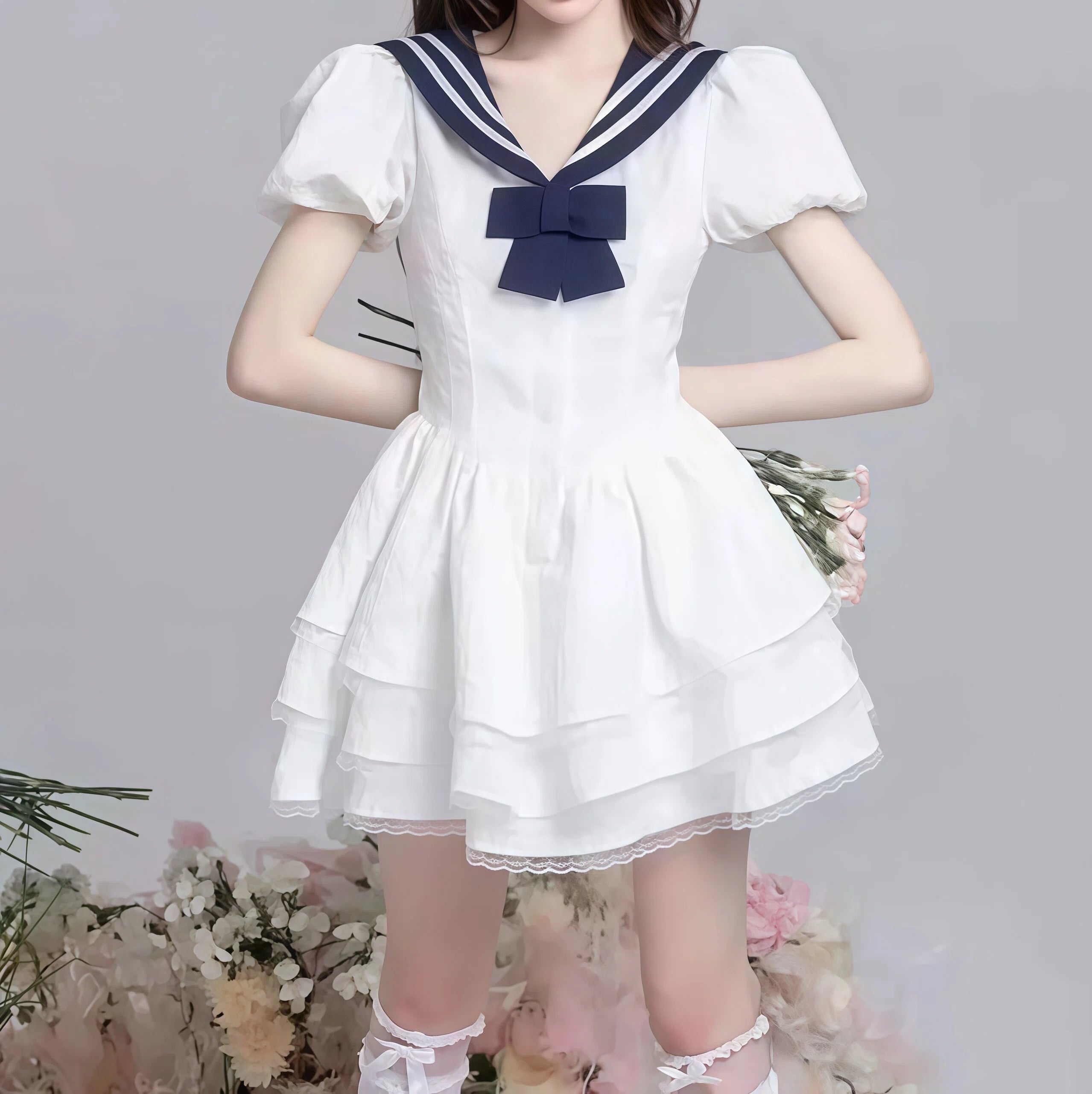 White Puff Sleeve Textured A Line Mini Dress