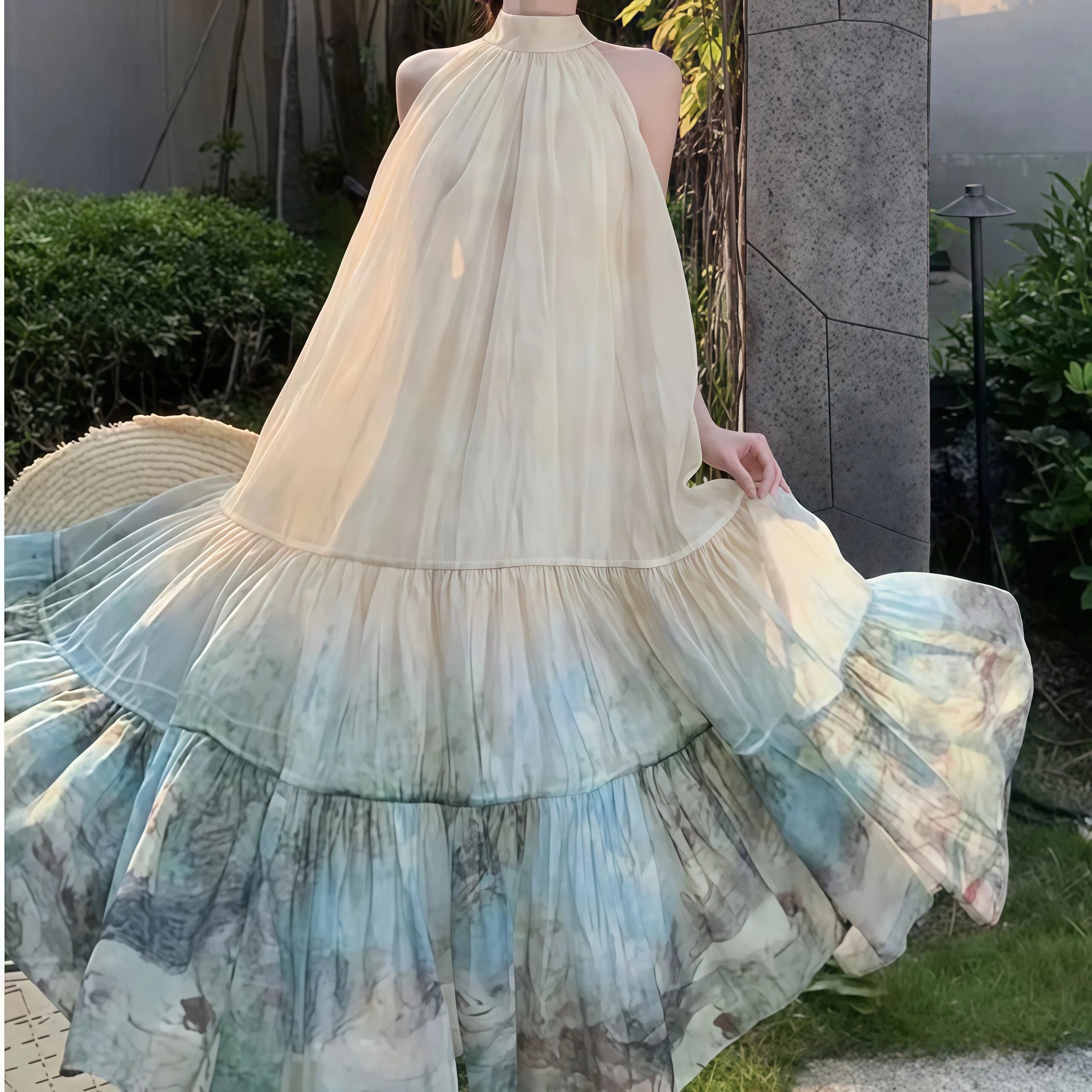 Women's Gradient Print Chiffon Flowy Maxi Dress