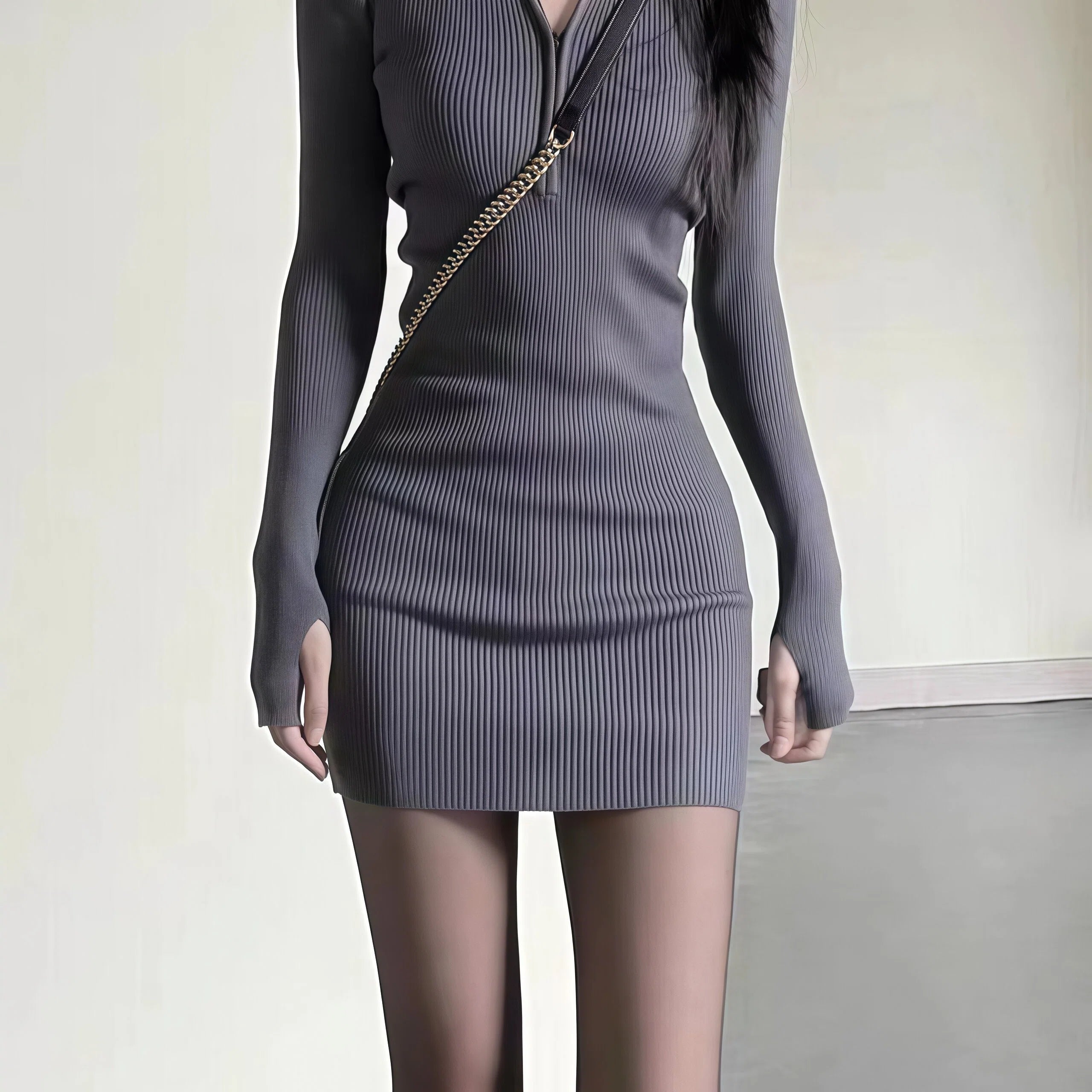 Women's Long Sleeve Knitted Bodycon Mini Skirt