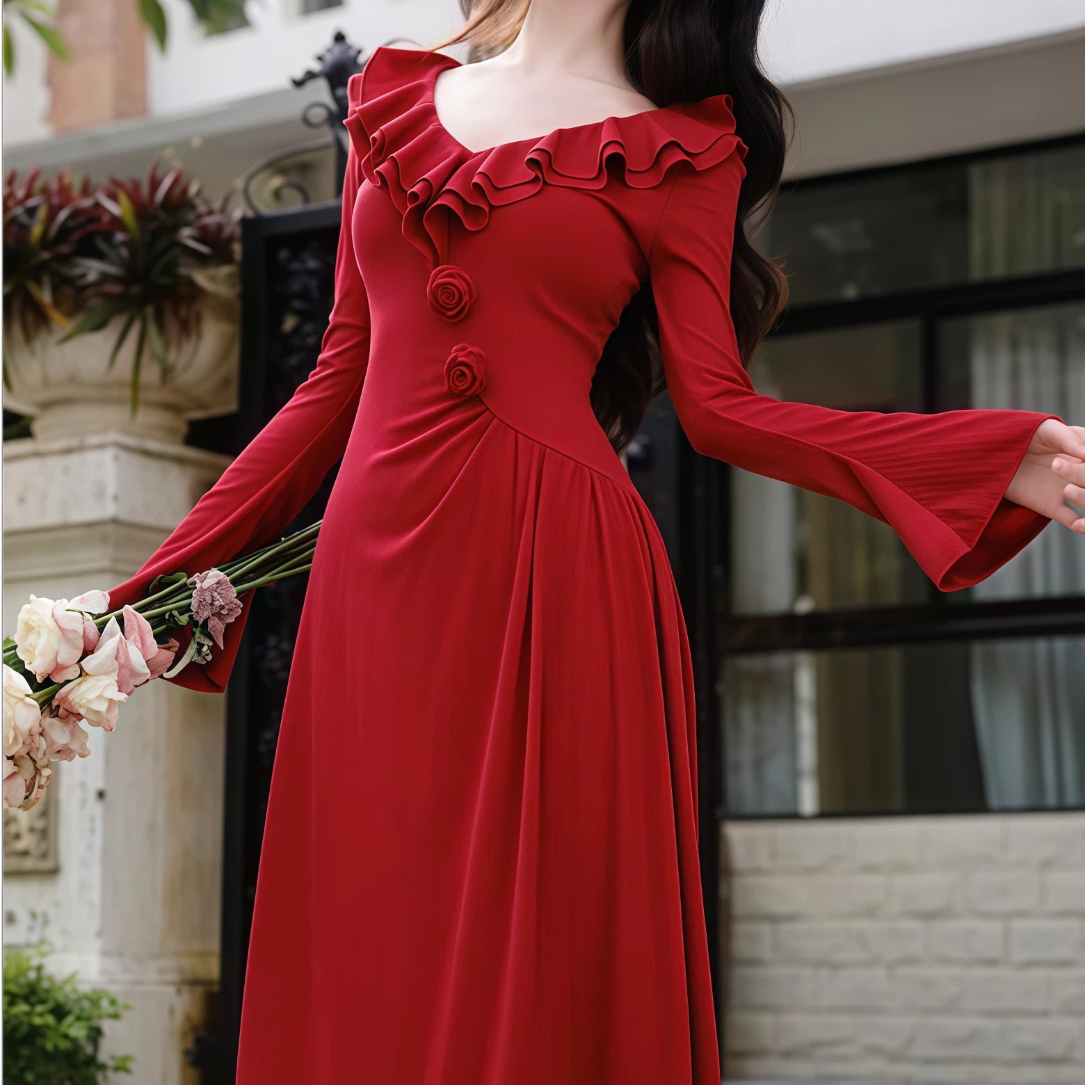 Red ruffled long sleeved midi dress